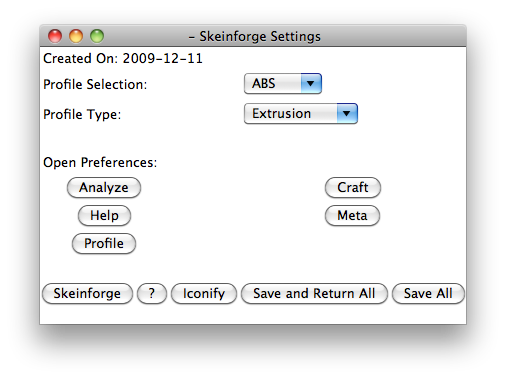 Skeinforge craft settings window with carve, chamber, and fill options