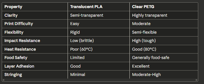 Translucent PLA vs Clear PETG