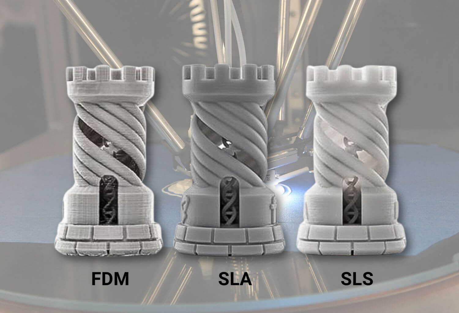 FDM vs SLA vs SLS 3D printing technology comparison showing layer resolution and surface finish differences