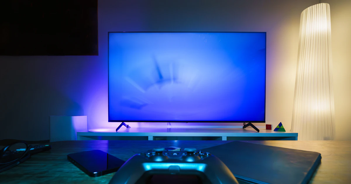 GTA 6 FPS calculator: a game controller in front of a TV, the screen whose refresh rate decides how 30, 40 or 60 fps will look