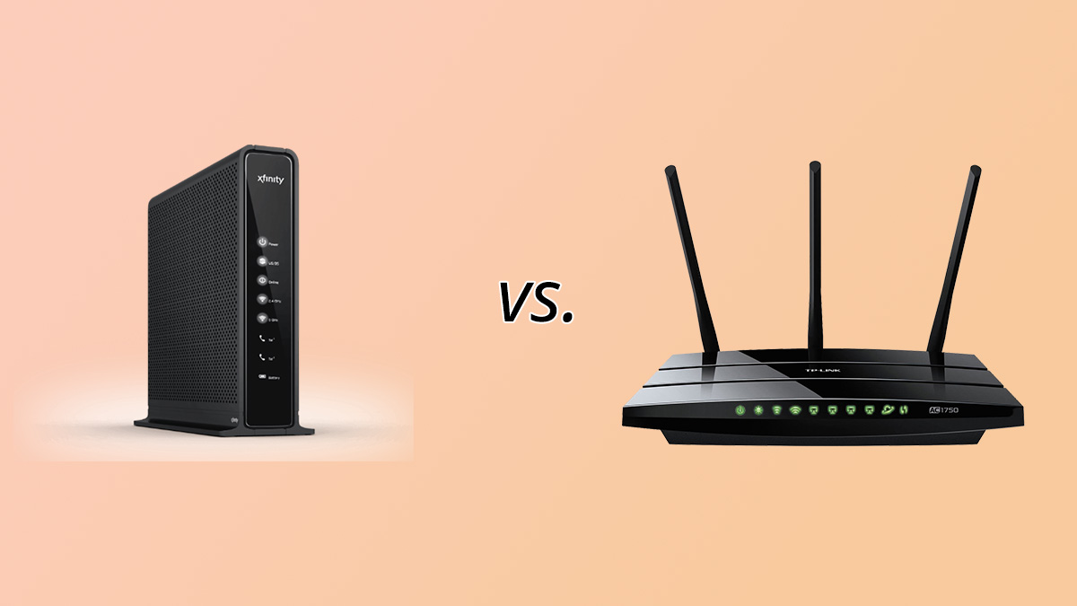 Modem vs router: an Xfinity cable modem on the left and a TP-Link router with three antennas on the right